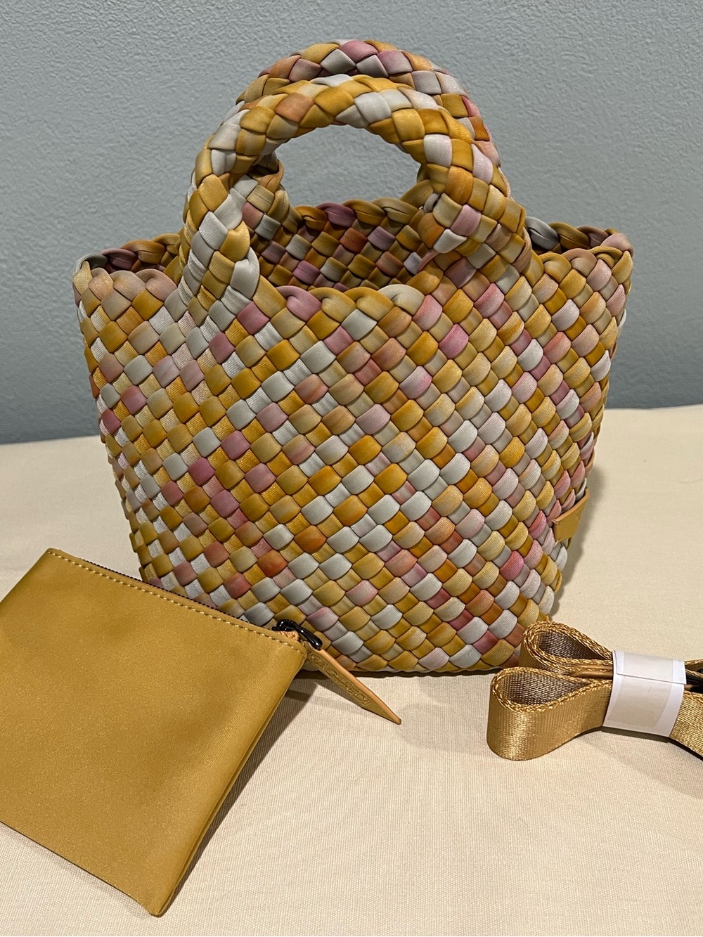 Naghedi Woven Saffron Watercolor Mini Tote Bag (Pink, Mustard, light blue& Cream